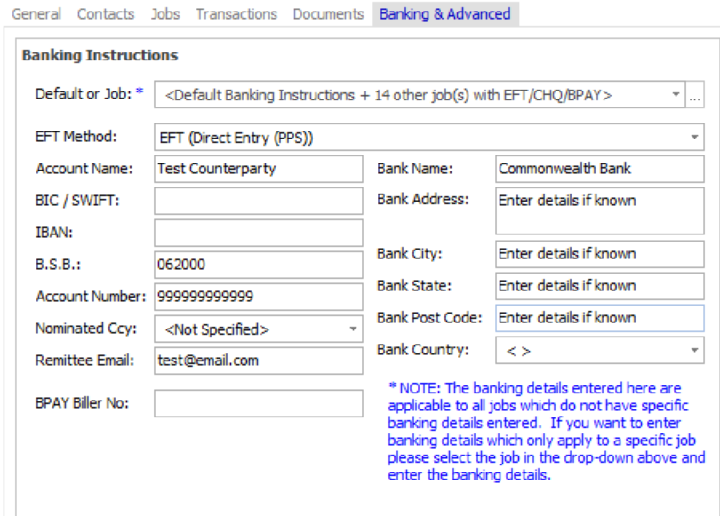 Entering default bank account details for a Counterparty Exalt